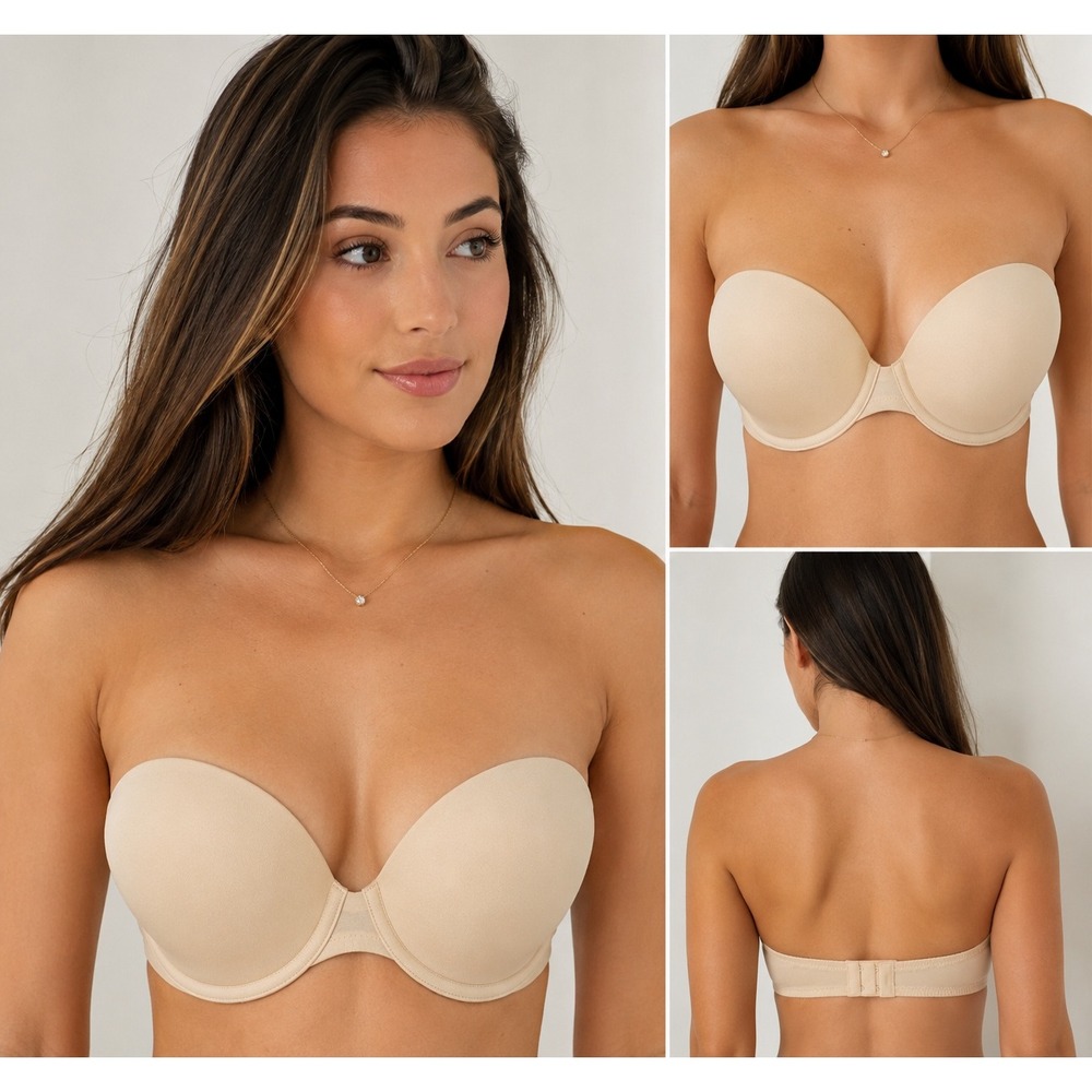 H&M Strapless Bra Womens 36D Nude‎ Beige Underwire Padded